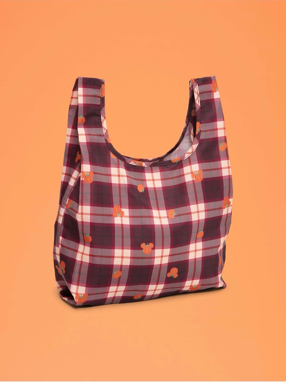 Disney Mickey Mouse pumpkins 🎃 on Plaid Reusable Tote Bag in Burgundy and Pink